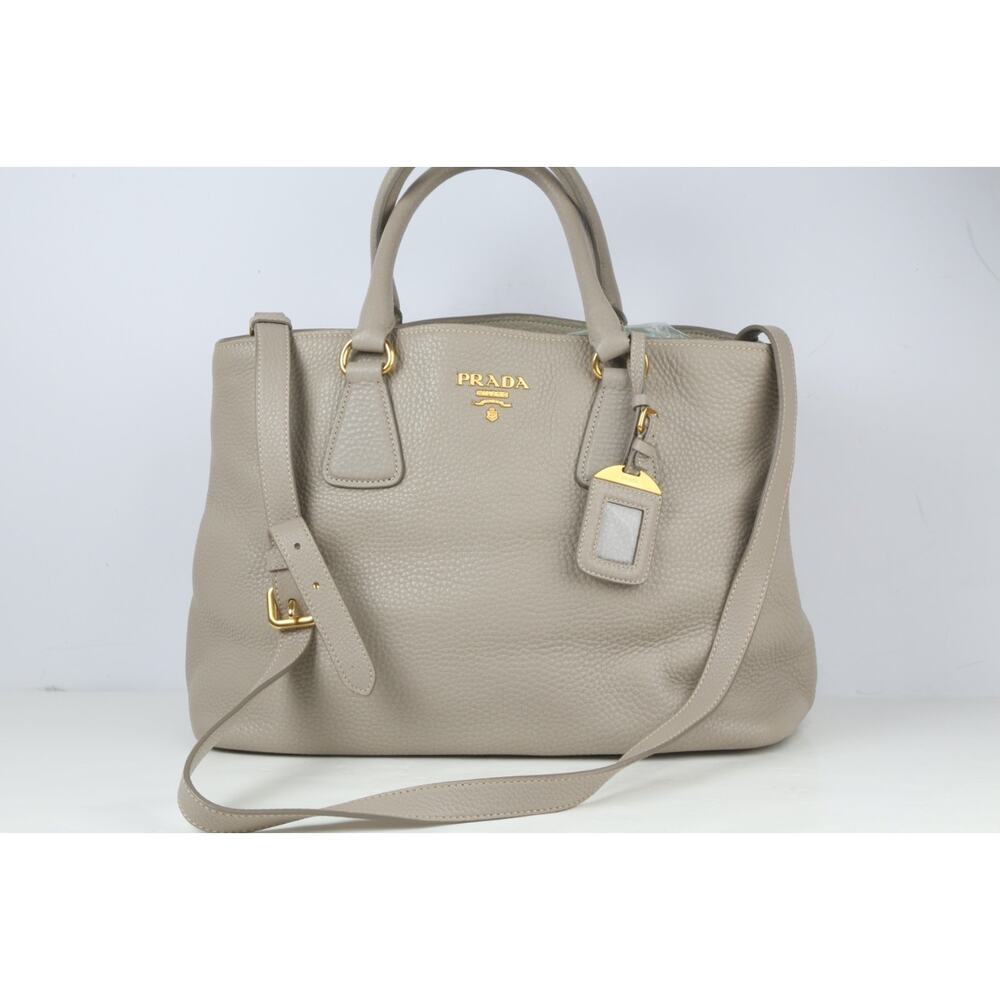 PRADA Vitello Daino Tote Taupe Gray Pebbled Grained Leather Shoulder Strap Bag - Picture 10 of 16